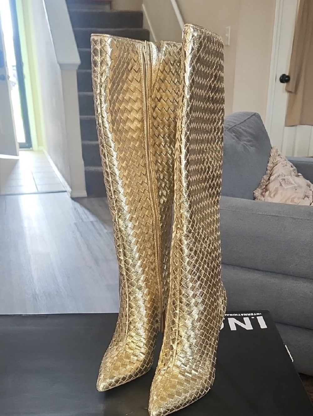 INC International Concepts Gold Knee-High Woven Pointed-Toe Boots